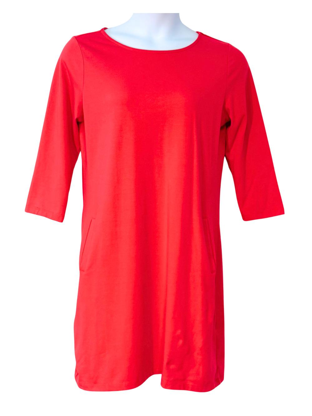 Sahalie Sz L Pullover Shift Dress 3/4 Sleeve w/Pockets Coral Red Stretch Knit